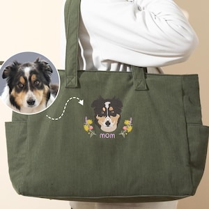 Bestickte Damen Einkaufstasche - Haustier Gesicht Cord Tasche, personalisierte Hund Kinder Gesicht Hund Mama Tasche, Geschenk für Hundemamas