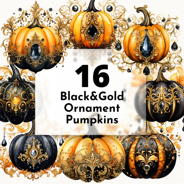 Glamorous Watercolor Black and Gold Ornament Pumpkin Clipart Bundle for Fall Decor, Elegant Jewel PNG for Sublimation and Scrapbooking