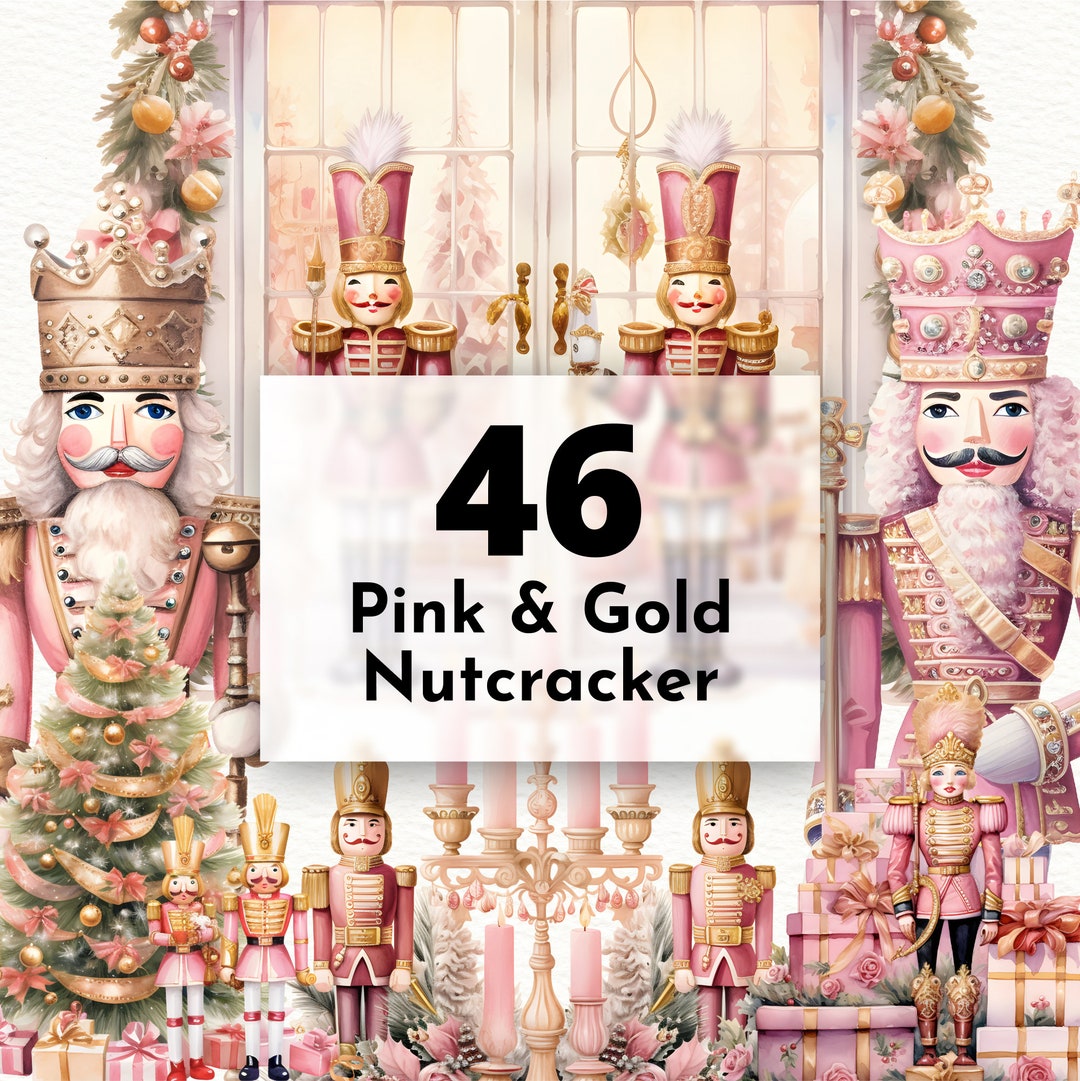 Watercolor Pink&gold Nutcracker Clipart Bundle Retro Vintage Christmas
