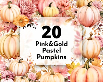 Fall Watercolor Pastel Pumpkin and Florals Clipart Bundle in Pink & Gold, Bohemian Autumn Sublimation Design, Vintage Thanksgiving PNG