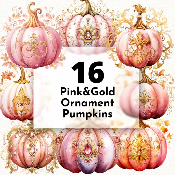 Glamorous Watercolor Pink and Gold Ornament Pumpkin Clipart Bundle for Fall Decor, Elegant Fall Decor PNG for sublimation and scrapbooking