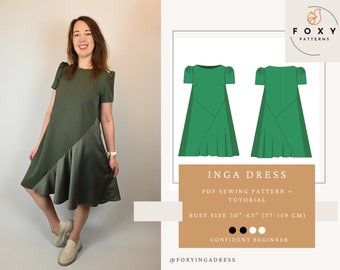 A-Line Dress Sewing Pattern – Puff Sleeves, Asymmetrical Design (PDF Pattern)
