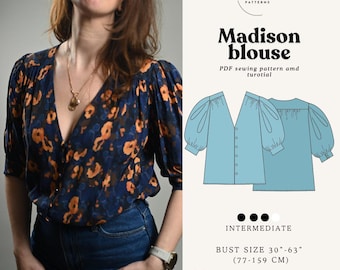 Madison Boho Blouse Sewing Pattern - Puff Sleeves, V-Neck (PDF Pattern)