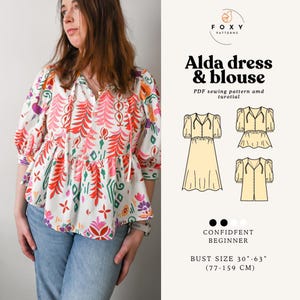 Puede incluir: Un patrón de costura para un vestido y una blusa llamado "Alda" de Foxy Patterns. El patrón es para principiantes y incluye un tutorial. El vestido y la blusa tienen una cintura fruncida y mangas abullonadas. La talla de busto es de 77 a 159 cm (30 a 63 pulgadas).