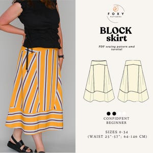May include: A PDF sewing pattern for a block skirt by Foxy Patterns. The image shows a yellow skirt with vertical and horizontal stripes in white and dark brown, alongside a technical line drawing, size range 0-34, and waist 25-57 inches.