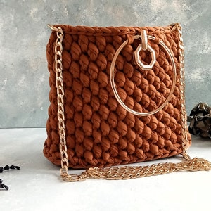 Luxury Granny Square Bag Gift for Grandma, Women Shoulder Bag, Crochet Tote Bag Cinnamon