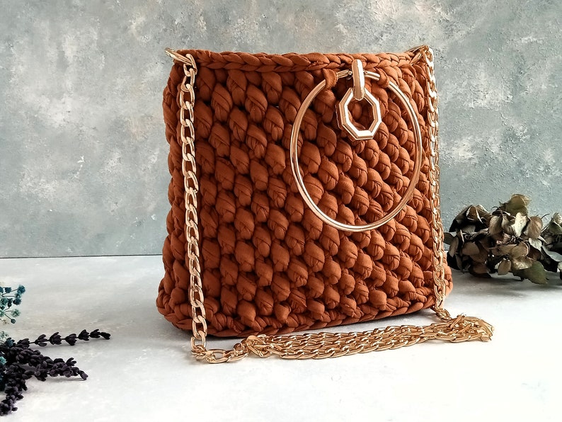 Luxury Granny Square Bag Gift for Grandma, Women Shoulder Bag, Crochet Tote Bag Cinnamon