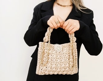 Minimalist Beige Wrist Bag, Top Handle Bag, Shoulder Bag, Crossbody Bag, Stylish Handmade Handbag, Crochet Tote, Evening Bag, Luxury Tote