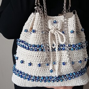Personalizable Crochet Evil Eye Shoulder Bag Birthday Gift for Sister, Customized Hand Woven Bag, Boho Bag, Aesthetic Tote Bag Gift for Her