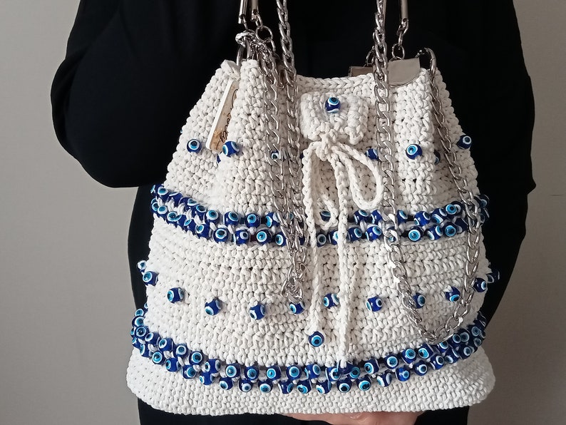 Personalizable Crochet Evil Eye Shoulder Bag Birthday Gift for Sister, Customized Hand Woven Bag, Boho Bag, Aesthetic Tote Bag Gift for Her