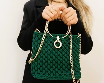 Green Crochet Handmade Luxury Wrist Bag, Cotton Anniversary Gift