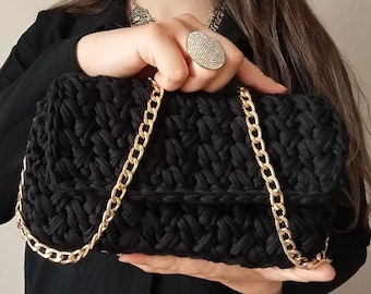 Black Crochet Luxury Crossbody Bag, Handmade Shoulder Bag, Capri Luxury Bag, Hand Woven Bag, Coworker Christmas Gift for Women