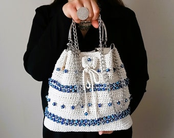 Personalizable Crochet Evil Eye Shoulder Bag Birthday Gift for Sister, Customized Hand Woven Bag, Boho Bag, Aesthetic Tote Bag Gift for Her