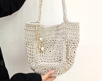 Personalized Crochet Shoulder Bag, Personalized Women Tote Bag, Handmade Organic Mother's Day Gift, Bag for Her, Cream Color Knitted Bags