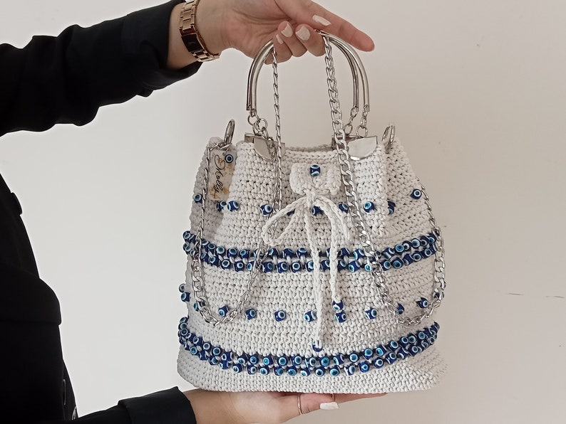 Personalizable Crochet Evil Eye Shoulder Bag Birthday Gift for Sister, Customized Hand Woven Bag, Boho Bag, Aesthetic Tote Bag Gift for Her