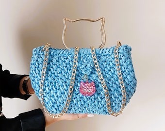 Luxury Raffia Bag Cat Lover Gift, Cat Mom Gift, Handmade Blue Clutch Bag, Crazy Cat Lady, Shoulder Bag, Mothers Day Gift