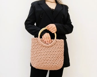 Large Bamboo Handle Crochet Handbag, Big Handle Bag, Gift for Mom