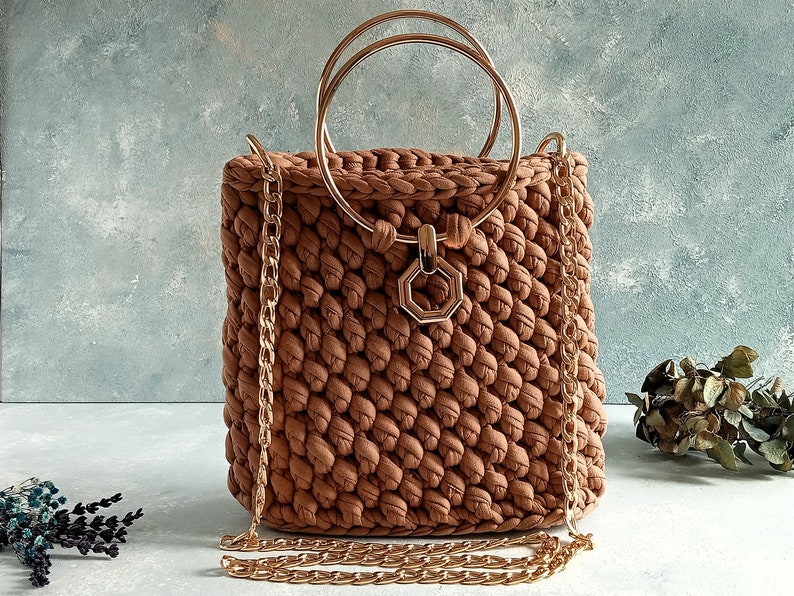 Luxury Granny Square Bag Gift for Grandma, Women Shoulder Bag, Crochet Tote Bag Brown