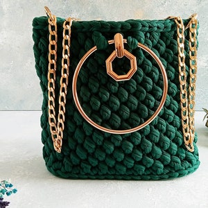 Luxury Granny Square Bag Gift for Grandma, Women Shoulder Bag, Crochet Tote Bag Green