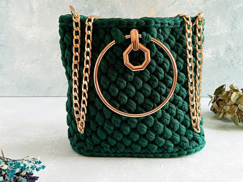 Luxury Granny Square Bag Gift for Grandma, Women Shoulder Bag, Crochet Tote Bag Green