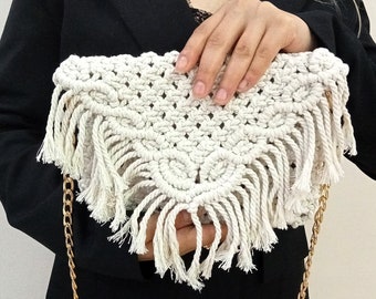 Handmade Macrame Shoulder Bag: Bohemian Fringe Purse