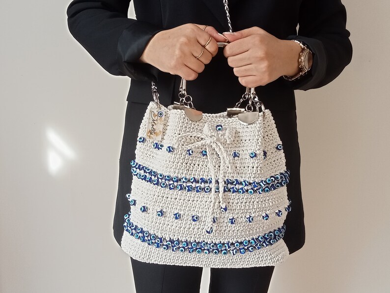 Personalizable Crochet Evil Eye Shoulder Bag Birthday Gift for Sister, Customized Hand Woven Bag, Boho Bag, Aesthetic Tote Bag Gift for Her