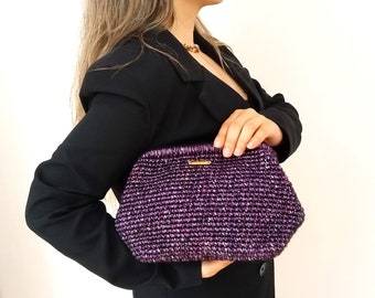 Purple Crochet Winter Clutch Bag, Evening Crochet Pouch Bag, Knitted Clutch Bag, Wool Bag, Gift for Sister