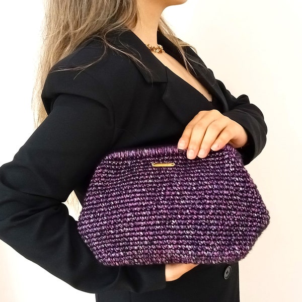 Pochette d'hiver au crochet violet, pochette de soirée au crochet, pochette en tricot, sac en laine, cadeau pour soeur