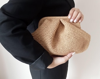 Handmade Crochet Raffia Clutch Bag: Woven Straw Pouch