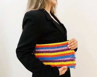Veelkleurige gehaakte raffia tas, zomerportemonnee, stro clutch raffia, boho raffia portemonnee, handgemaakte geweven clutch, verjaardagscadeau voor haar