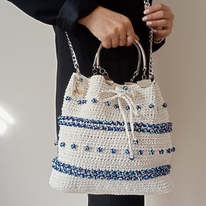 Personalizable Crochet Evil Eye Shoulder Bag Birthday Gift for Sister, Customized Hand Woven Bag, Boho Bag, Aesthetic Tote Bag Gift for Her