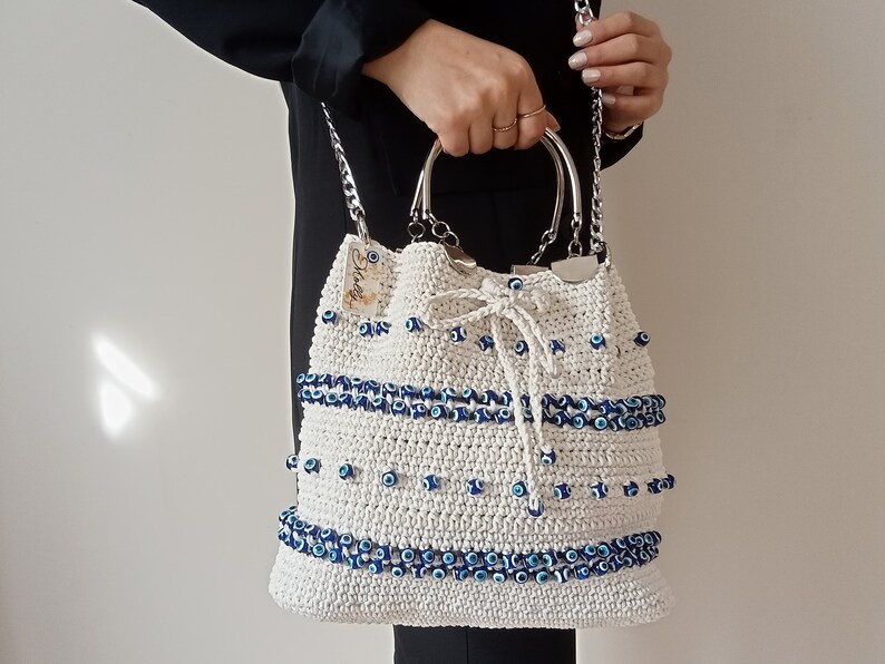 Personalizable Crochet Evil Eye Shoulder Bag Birthday Gift for Sister, Customized Hand Woven Bag, Boho Bag, Aesthetic Tote Bag Gift for Her