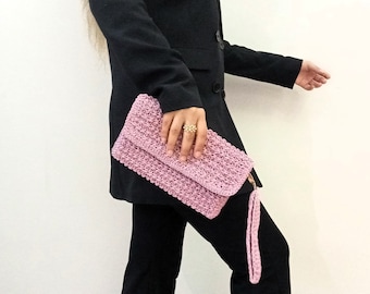 Rosa gehäkelte Raffia Clutch, gerahmte Raffia Clutch, Mode Abendtasche, Handgemachte Sommertasche, Gewebte Stricktasche, Geschenk für Lehrer