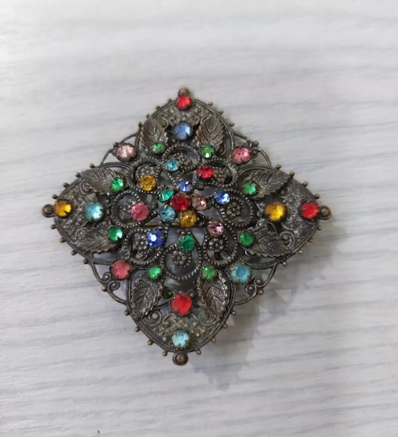 Czech Bohemian Coloured Crystals Brooch Antique F… - image 3