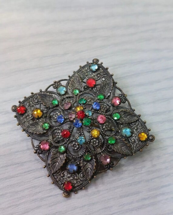 Czech Bohemian Coloured Crystals Brooch Antique F… - image 1
