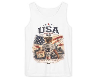 Camiseta sin mangas con la bandera y el horizonte de la ciudad de un jugador de fútbol de EE. UU. de estilo vintage / Una nación, un objetivo