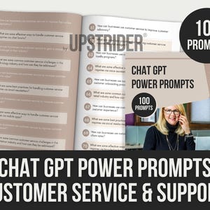 以下が含まれることがあります： 「Chat GPT Power Prompts: Customer Service & Support」というタイトルが大きく太字で白抜きで書かれた本の表紙。表紙には電話をしている女性と、青と白の背景、白い円の中に「100 Prompts」という文字が書かれている。