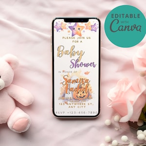 Puede incluir: Una invitación digital para un baby shower con un diseño de calabaza y estrellas. La invitación dice "Por favor, únase a nosotros para un Baby Shower en honor a Sammira Hadidi. Enero 12:00 PM 123 Anywhere St, Any City RSVP +123-456-7890"