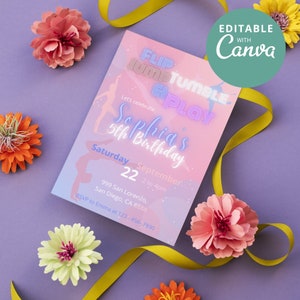 May include: A pink and purple birthday invitation with a neon pink and blue design that says "Flip Jump Tumble & Play" and "Sophia's 5th Birthday". The invitation includes the date and time of the party, the address, and RSVP information.