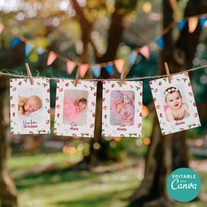 Bannière de premier anniversaire aux fraises, bannière de premier anniversaire de baies, cartes jalons avec photos, fille de 1er anniversaire, bannière modifiable Canva