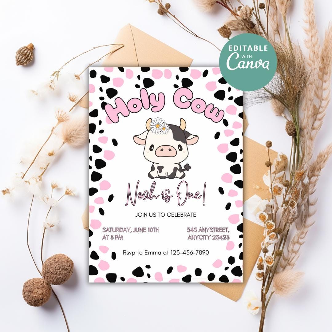 Santa Cow Birthday Invitation, 1st birthday santa cow, 1st birthday girl invitation, editable cow birthday invitation template