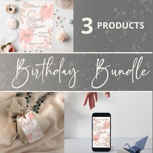 Puede incluir: Un paquete de cumpleaños con tres productos: una invitación imprimible con un diseño floral rosa y blanco, una bolsa de regalo con una etiqueta que dice "Feliz cumpleaños", y una invitación digital en la pantalla de un teléfono inteligente. La invitación dice "Sweet Sixteen" y tiene un diseño floral rosa y blanco.