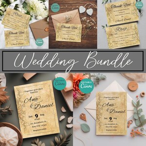 Op de afbeelding: Een set huwelijksuitnodigingen met een rustieke, vintage uitstraling. De uitnodigingen hebben een cr&egrave;mekleurige achtergrond met bruine bloemenillustraties en de tekst "Together with their families Ana & Daniel" en "Sun 9 Aug At 9 pm 123 Anywhere St., Any City 12345 Reception to follow".