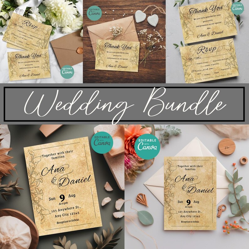 Op de afbeelding: Een set huwelijksuitnodigingen met een rustieke, vintage uitstraling. De uitnodigingen hebben een cr&egrave;mekleurige achtergrond met bruine bloemenillustraties en de tekst "Together with their families Ana & Daniel" en "Sun 9 Aug At 9 pm 123 Anywhere St., Any City 12345 Reception to follow".