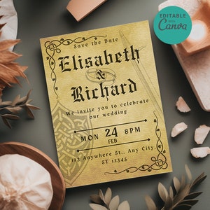 May include: A rectangular wedding save the date card with a gold textured background, featuring black gothic-style text reading Elisabeth & Richard, a sword illustration, two interlocking rings, and a celtic knot border design.