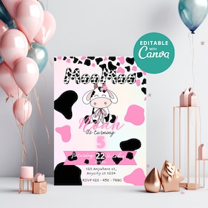 Cow Birthday Invitation Template, Editable Canva Birthday Invite, Farm Birthday Invitation, Pink Cow Party, Instant Download