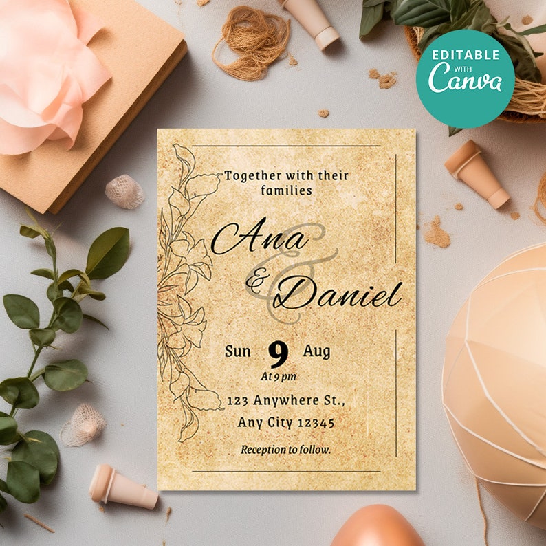 Op de afbeelding: Een huwelijksuitnodiging met een vintage uitstraling. De uitnodiging heeft een bloemmotief en de namen "Ana & Daniel" in een handschrift. De datum van de bruiloft is "Sun 9 Aug" en de tijd is "At 9 pm". Het adres is "123 Anywhere St., Any City 12345". De uitnodiging bevat ook de tekst "Reception to follow."