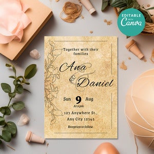May include: A wedding invitation with a vintage aesthetic. The invitation features a floral design and the names "Ana & Daniel" in a script font. The date of the wedding is "Sun 9 Aug" and the time is "At 9 pm". The location is "123 Anywhere St., Any City 12345". The invitation also includes the text "Reception to follow."