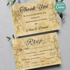 Op de afbeelding: Een vintage-stijl RSVP-kaart met een bloemenontwerp. De kaart heeft een sectie voor gasten om hun aanwezigheid, hun keuze van maaltijd en de RSVP-deadline aan te geven. De tekst op de kaart luidt "RSVP", "Graag geaccepteerd", "Helaas afgewezen", "Kies een optie:", "Rundvlees", "Zalm", "Vegan", "Vegetarisch" en "Reageer alstublieft v&oacute;&oacute;r 15 september".