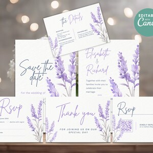 Puede incluir: Un conjunto de tarjetas de invitación de boda con un diseño floral de lavanda. Las tarjetas incluyen una tarjeta de "Save the date", una invitación, un RSVP y una tarjeta de agradecimiento. El texto en las tarjetas dice "Save the date", "Elisabeth & Richard", "RSVP" y "Thank you".